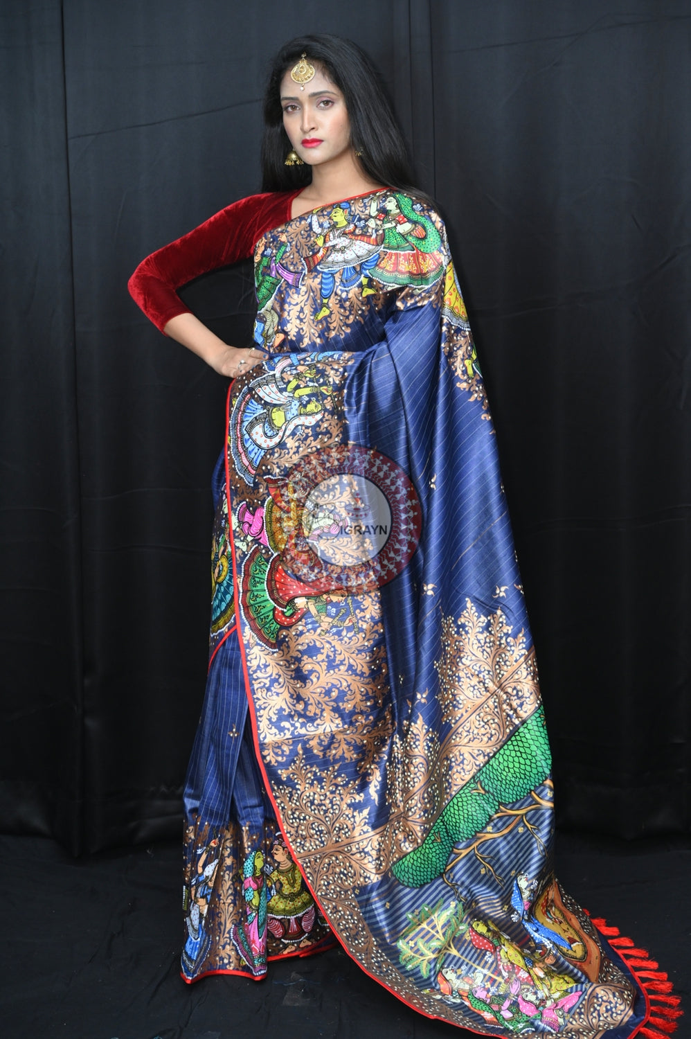 Grey Red Bata Sabitri Theme Tussar Pattachitra Saree