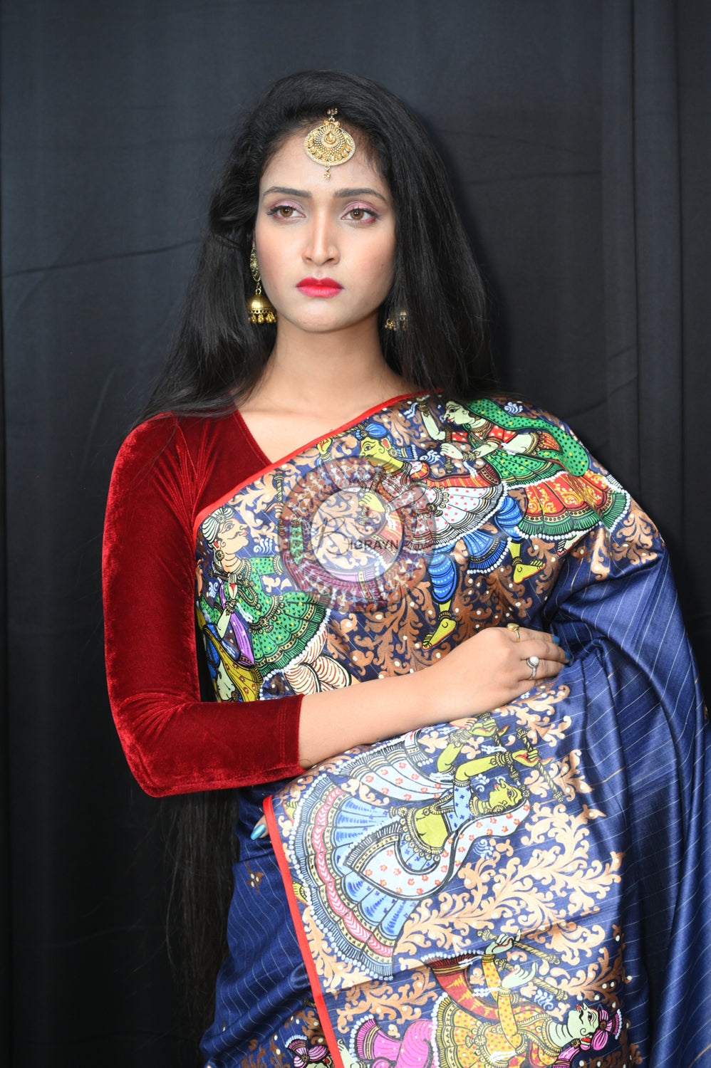 Grey Red Bata Sabitri Theme Tussar Pattachitra Saree