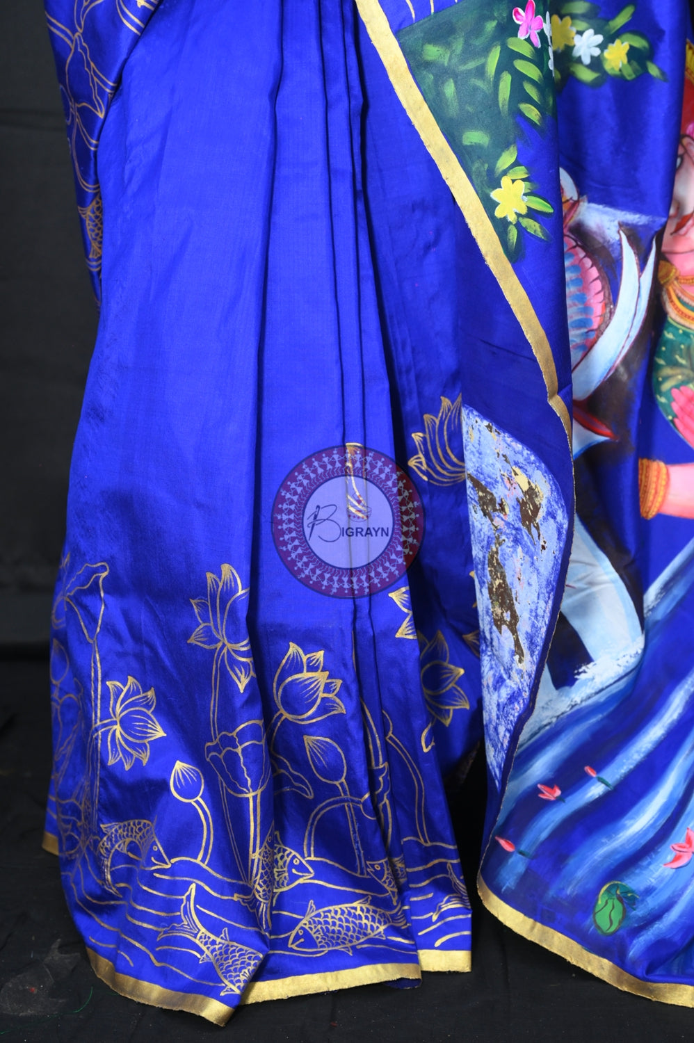 Blue GajaLaxmi Theme Pattachitra Silk Saree