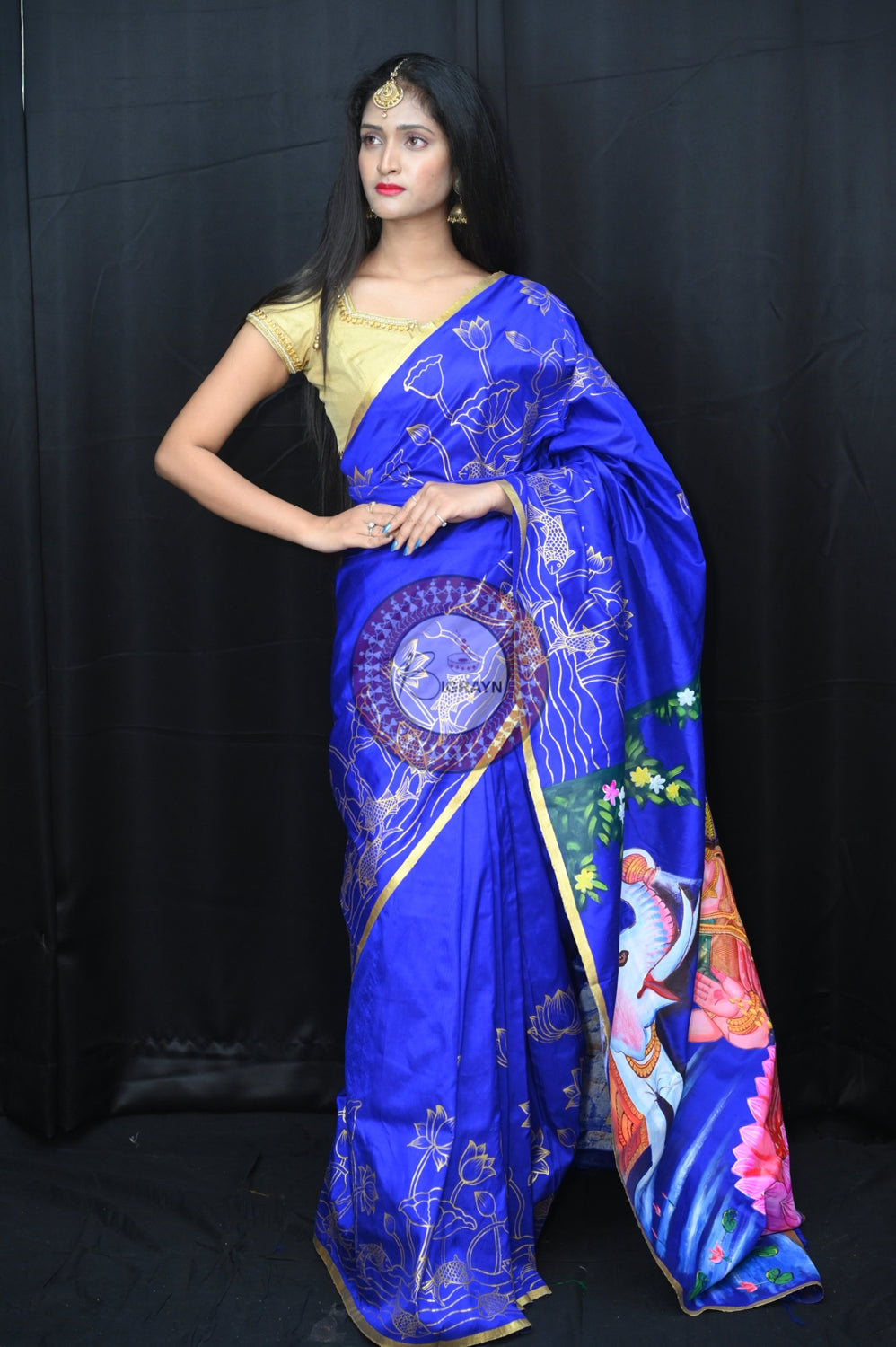 Blue GajaLaxmi Theme Pattachitra Silk Saree