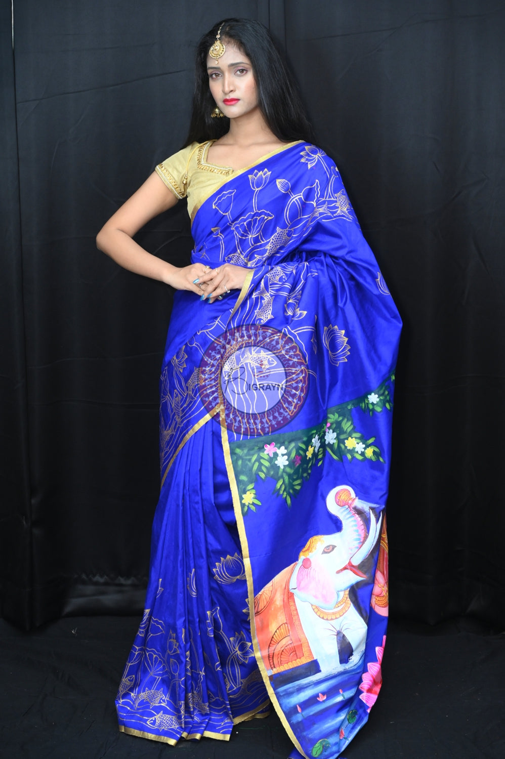 Blue GajaLaxmi Theme Pattachitra Silk Saree