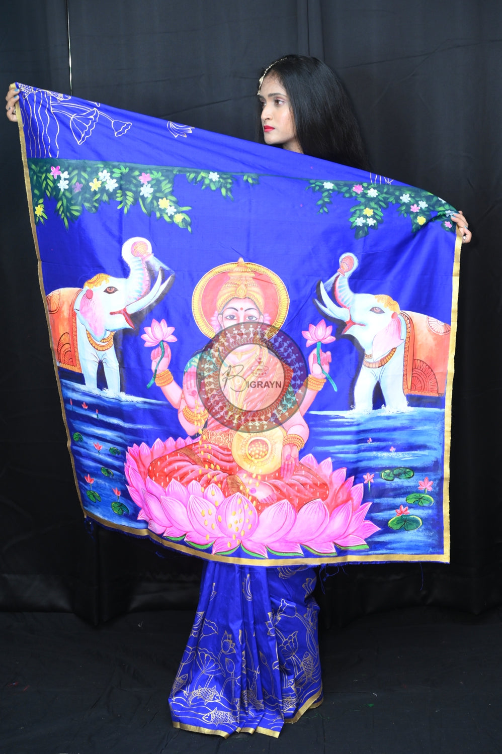 Blue GajaLaxmi Theme Pattachitra Silk Saree