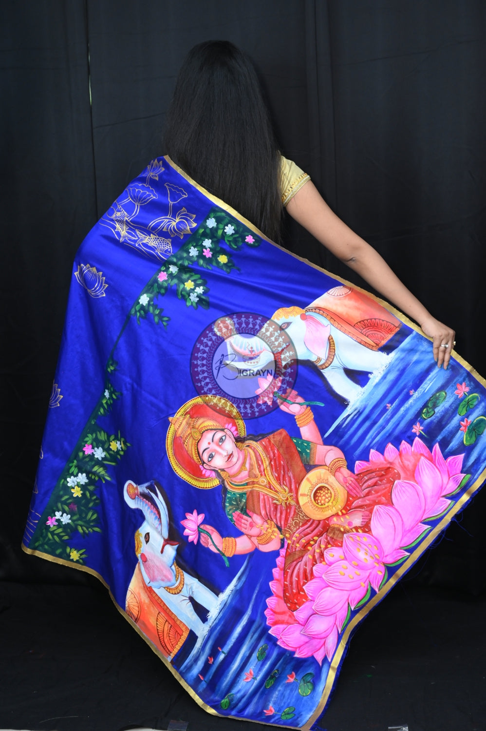Blue GajaLaxmi Theme Pattachitra Silk Saree