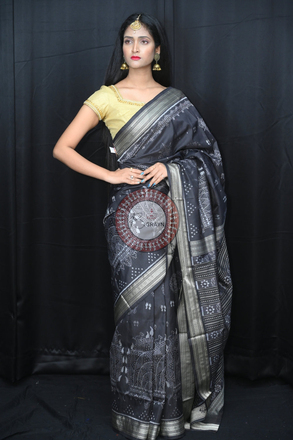 Greyish Black Laxmi Pada Jhoti Natural Dye Silk Saree