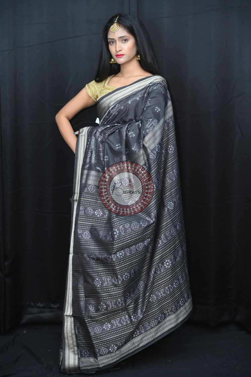 Greyish Black Laxmi Pada Jhoti Natural Dye Silk Saree