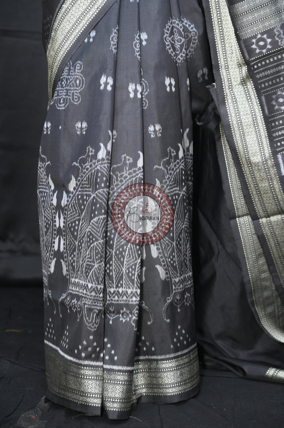 Greyish Black Laxmi Pada Jhoti Natural Dye Silk Saree