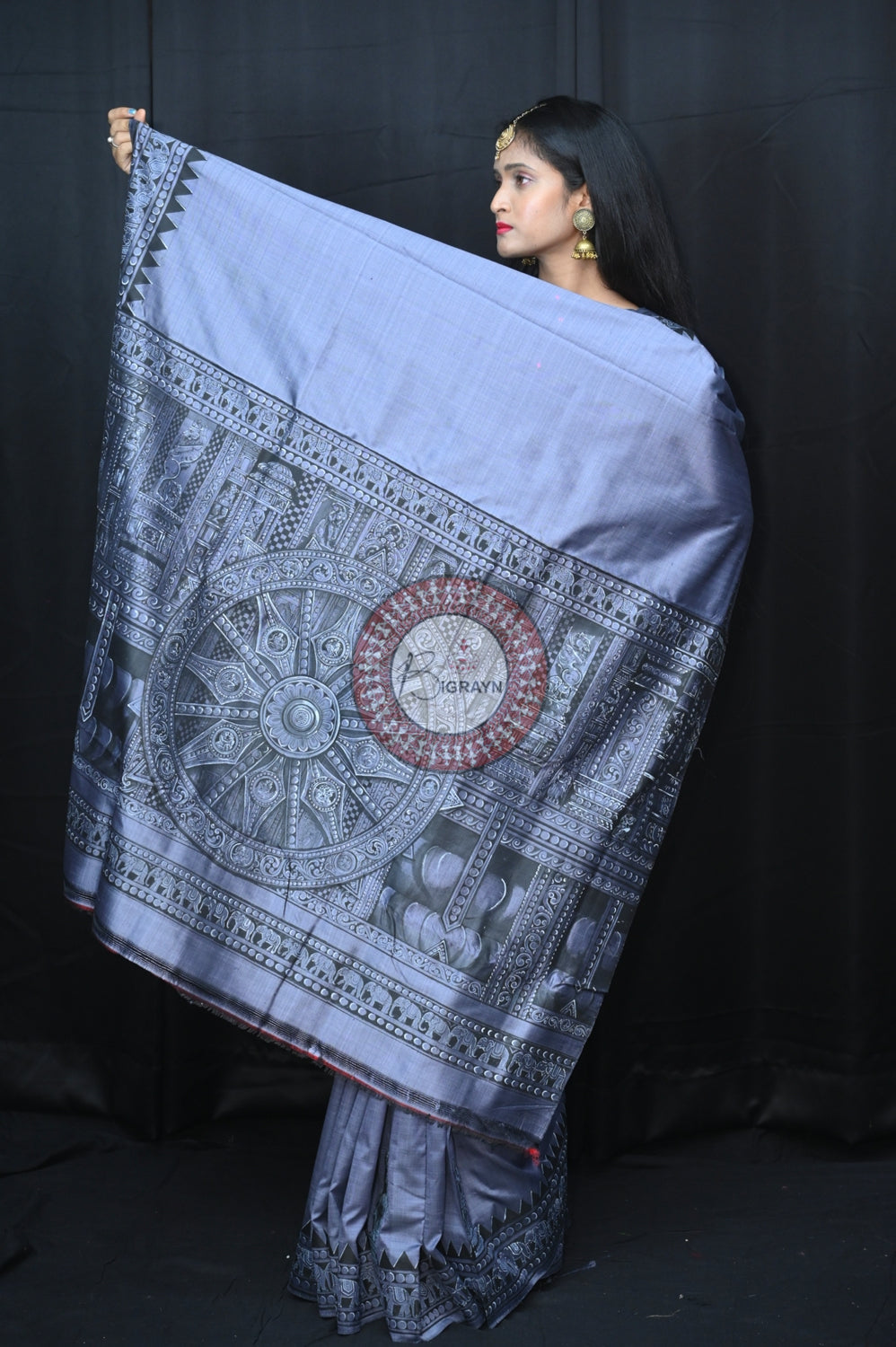 Blackish Grey Konark Chakra Exclusive Pattachitra Silk Saree