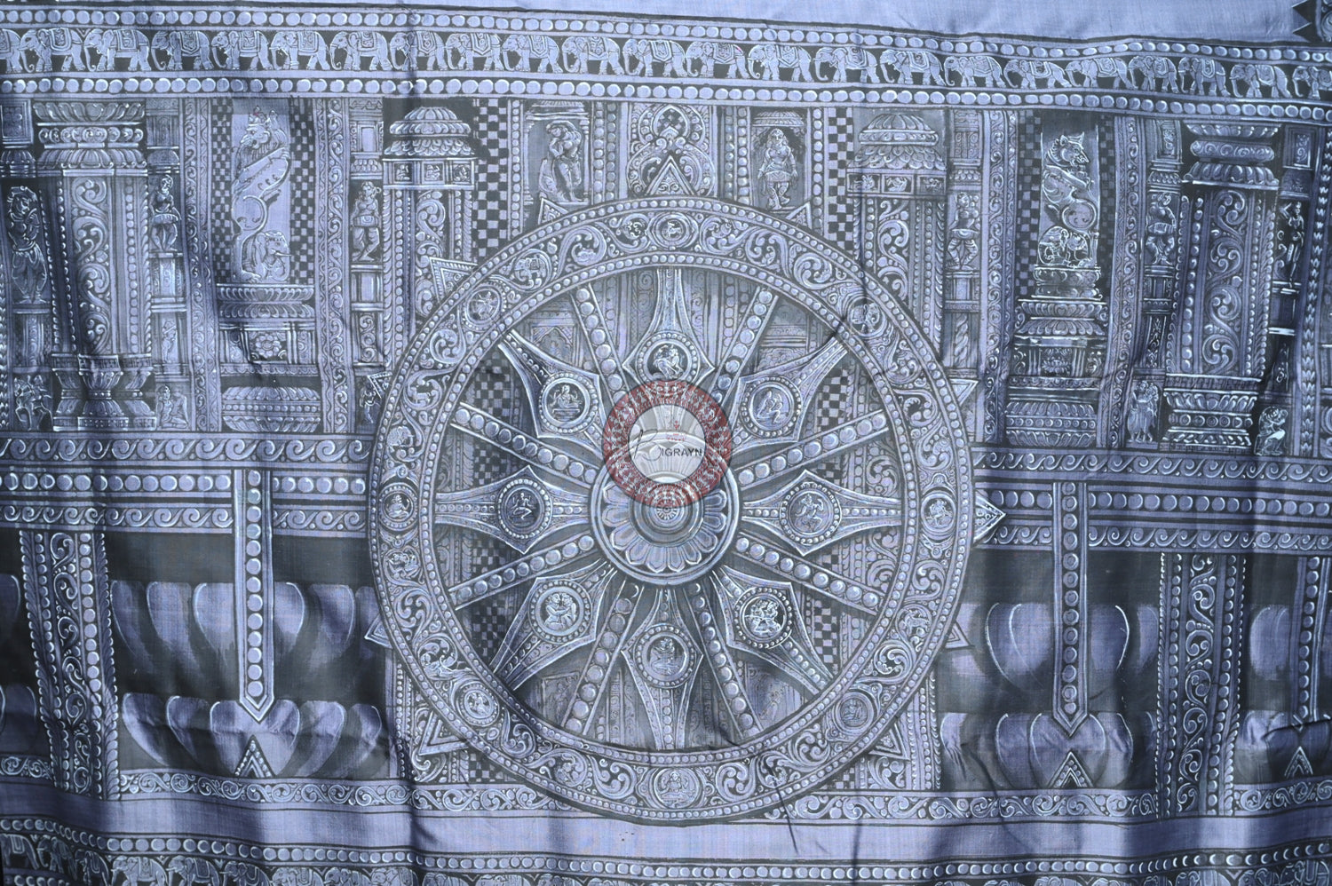 Blackish Grey Konark Chakra Exclusive Pattachitra Silk Saree