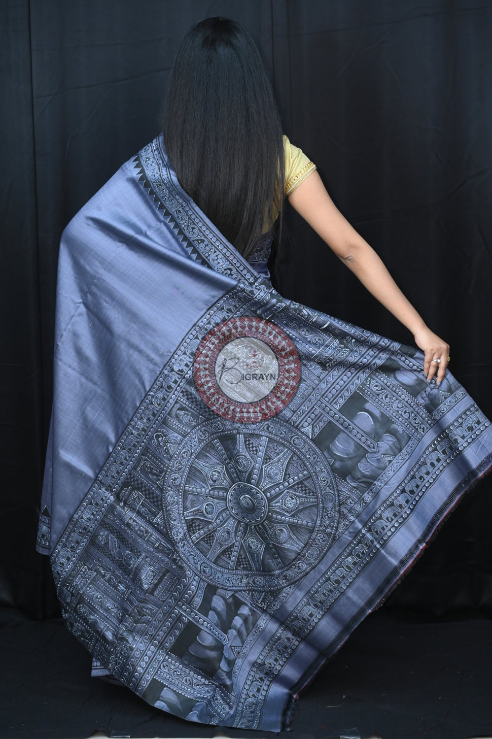Blackish Grey Konark Chakra Exclusive Pattachitra Silk Saree