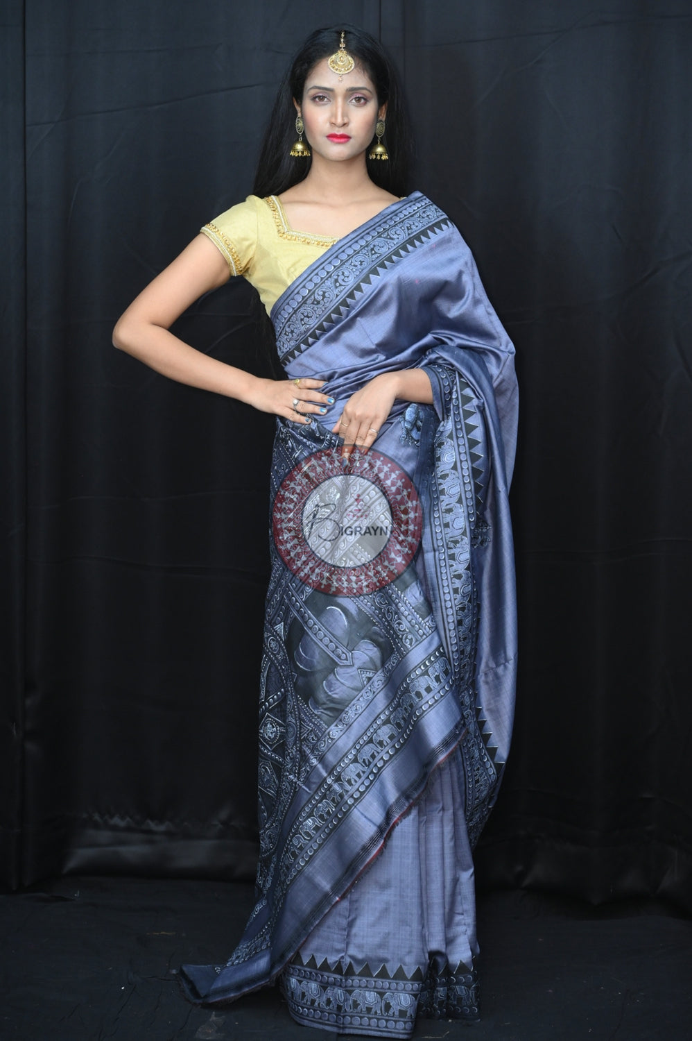 Blackish Grey Konark Chakra Exclusive Pattachitra Silk Saree