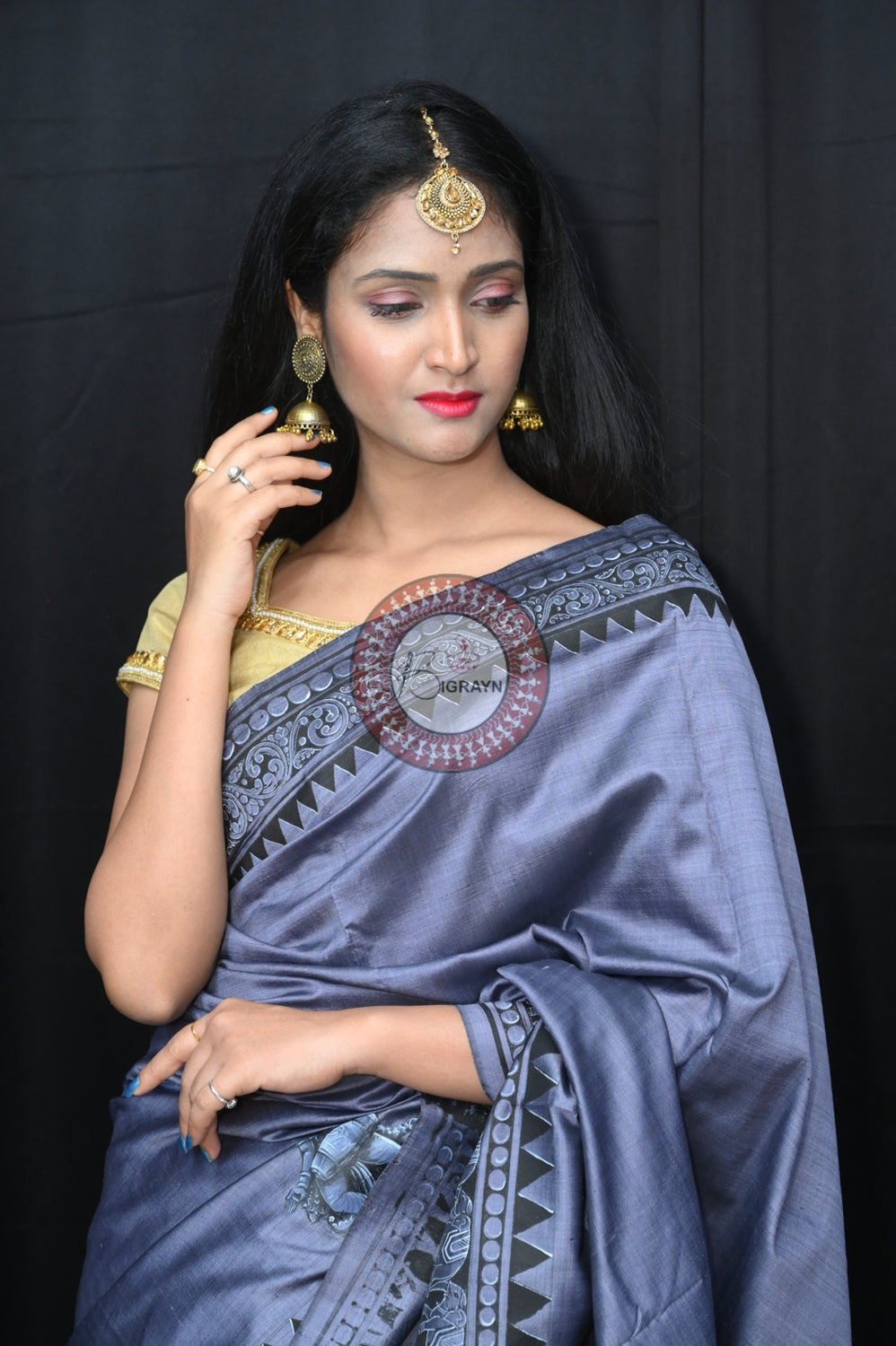 Blackish Grey Konark Chakra Exclusive Pattachitra Silk Saree