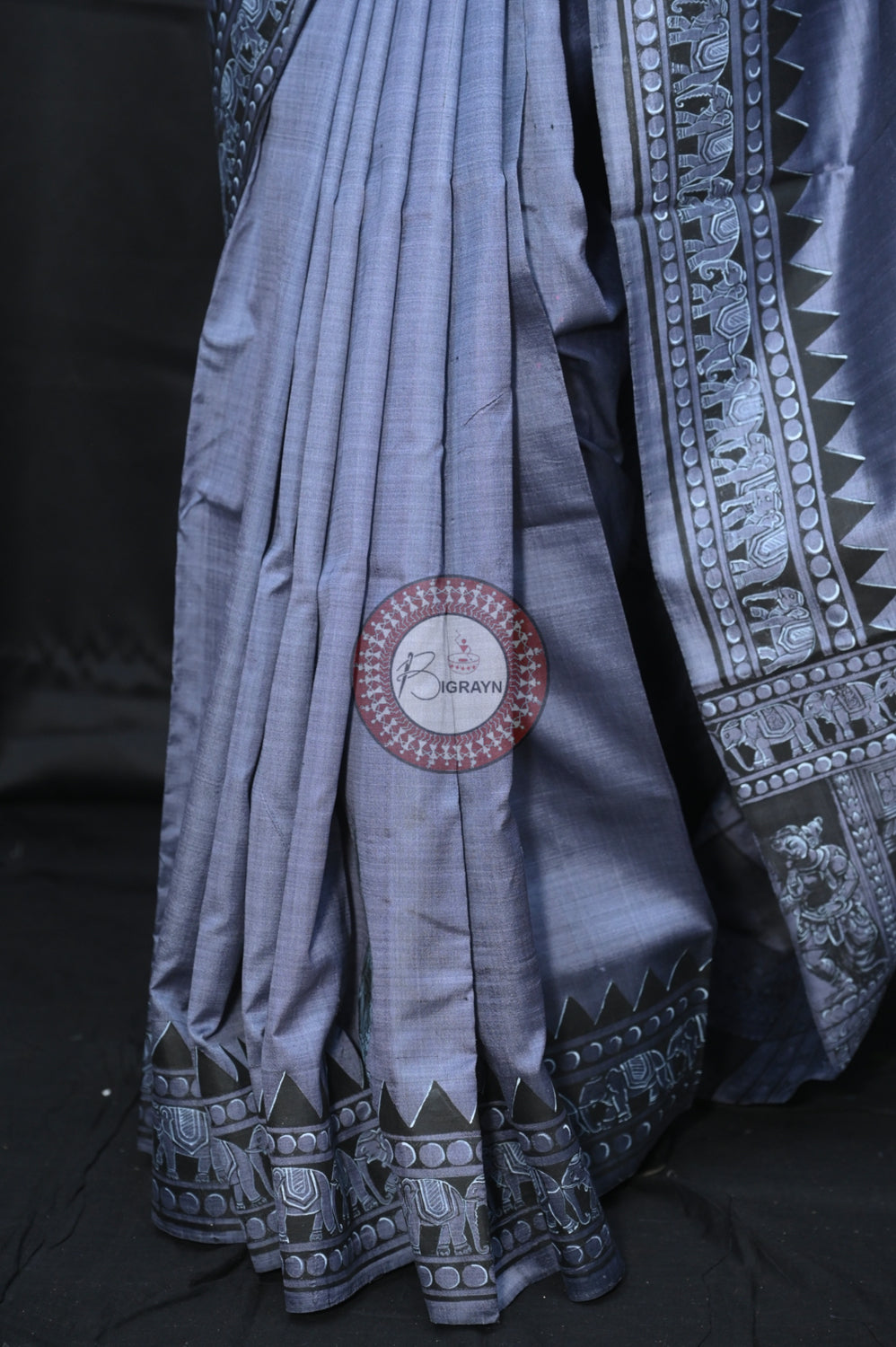 Blackish Grey Konark Chakra Exclusive Pattachitra Silk Saree