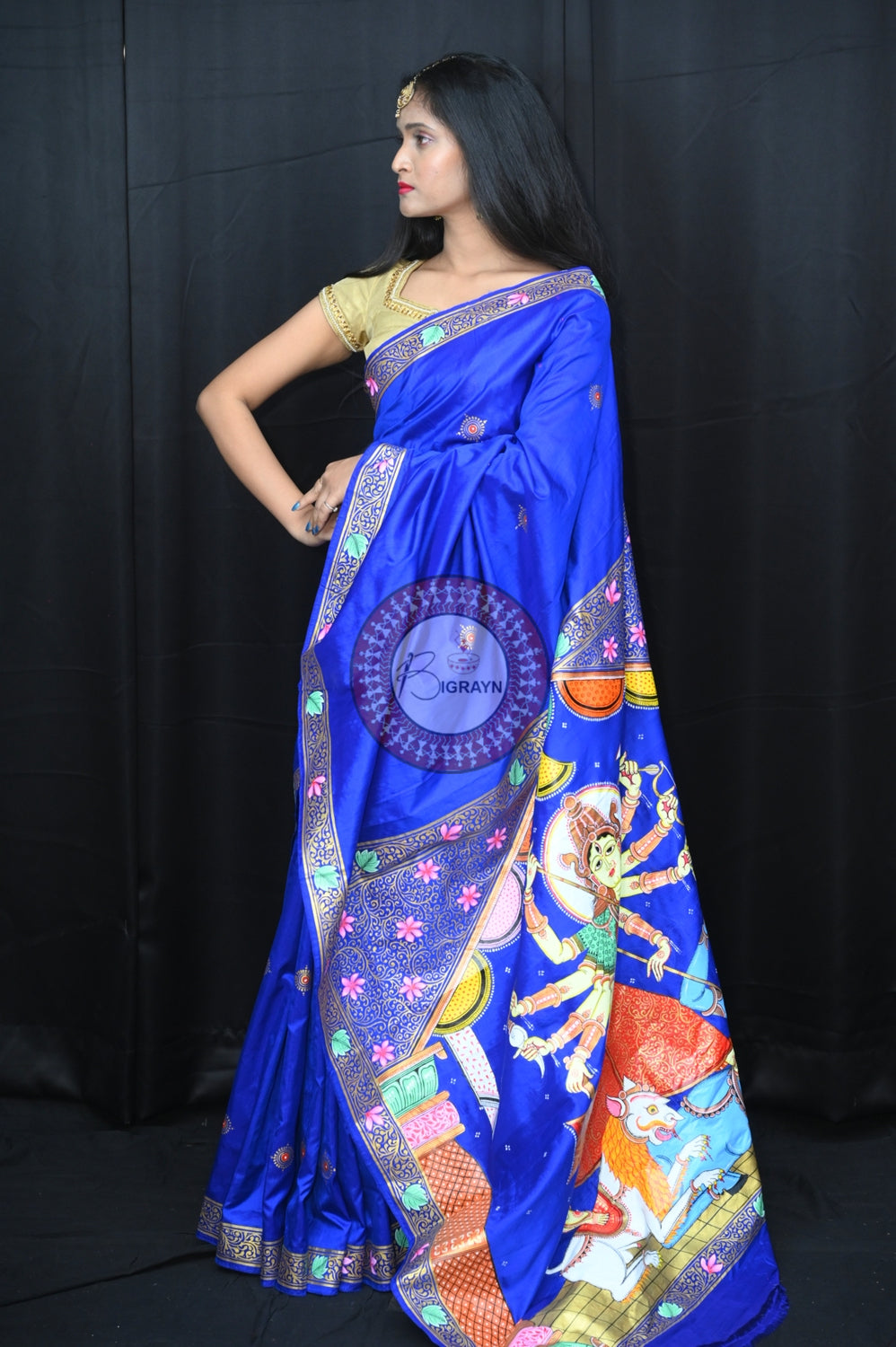 Blue Durga Puja Exclusive Pattachitra Silk Saree