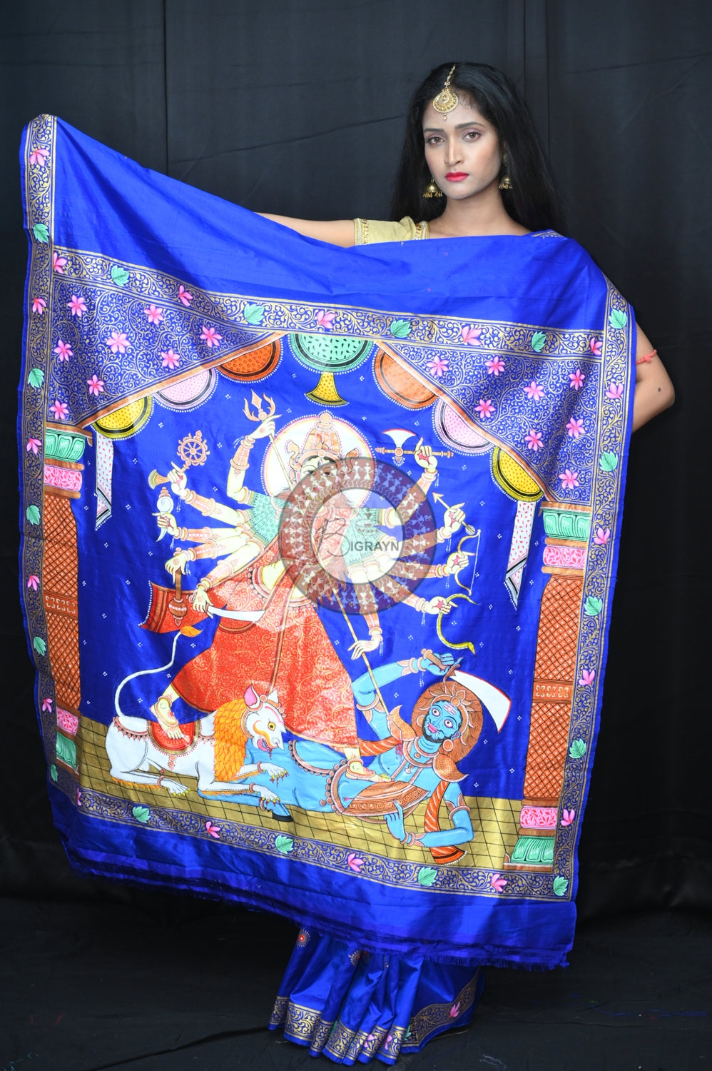Blue Durga Puja Exclusive Pattachitra Silk Saree