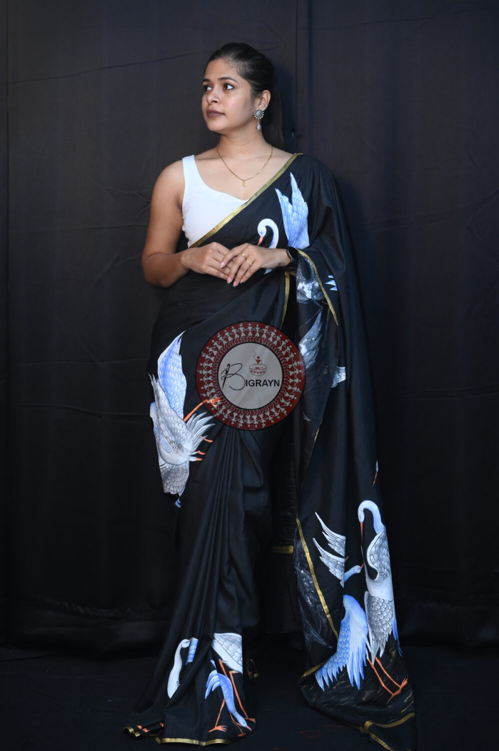 Black Flamingo Birds Pattachitra Silk Saree