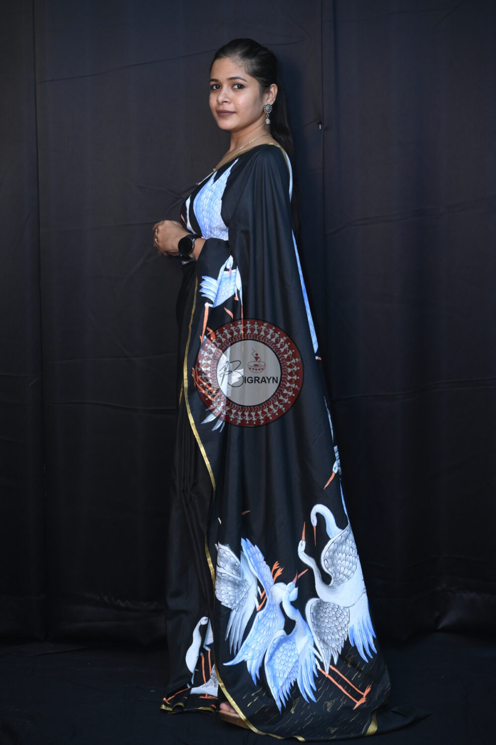 Black Flamingo Birds Pattachitra Silk Saree