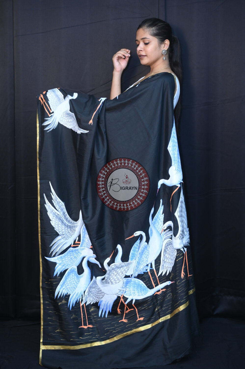 Black Flamingo Birds Pattachitra Silk Saree