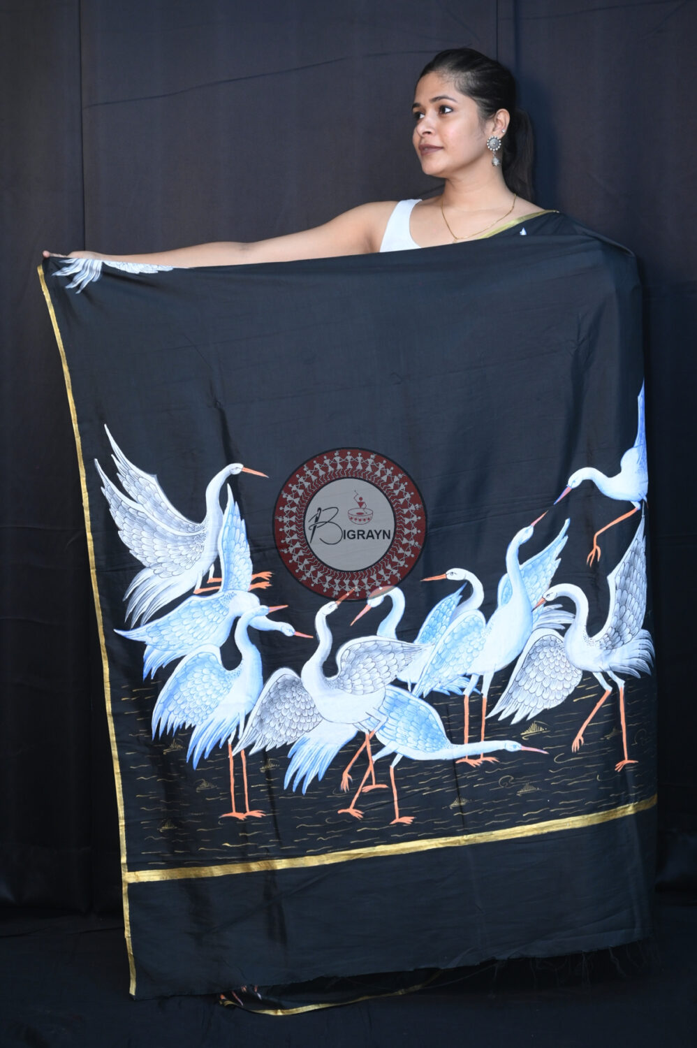 Black Flamingo Birds Pattachitra Silk Saree
