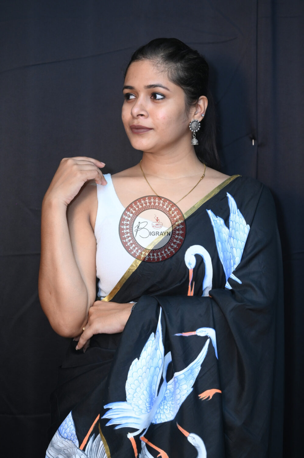 Black Flamingo Birds Pattachitra Silk Saree