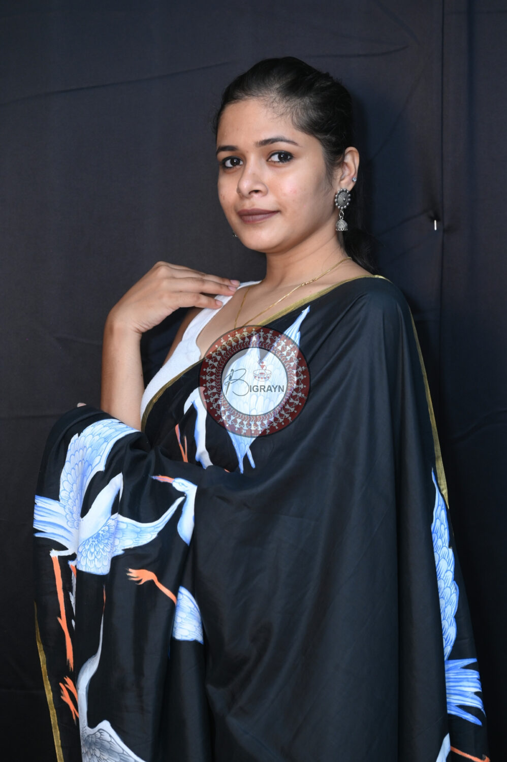 Black Flamingo Birds Pattachitra Silk Saree