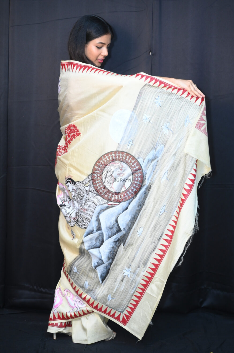 Cream Radha Krishna & Swans Pattachitra Silk Saree