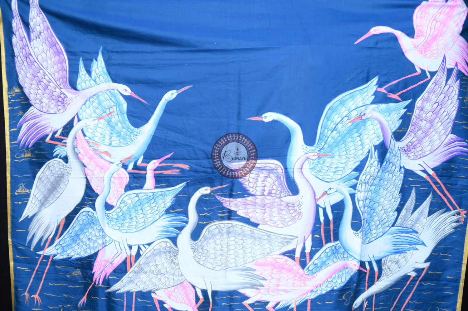 Teal Blue Flamingo Birds Pattachitra Silk Saree