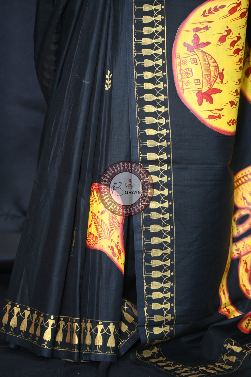 Black Musical Instruments Pattachitra Silk Saree