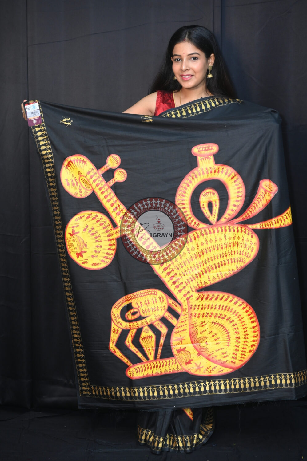 Black Musical Instruments Pattachitra Silk Saree