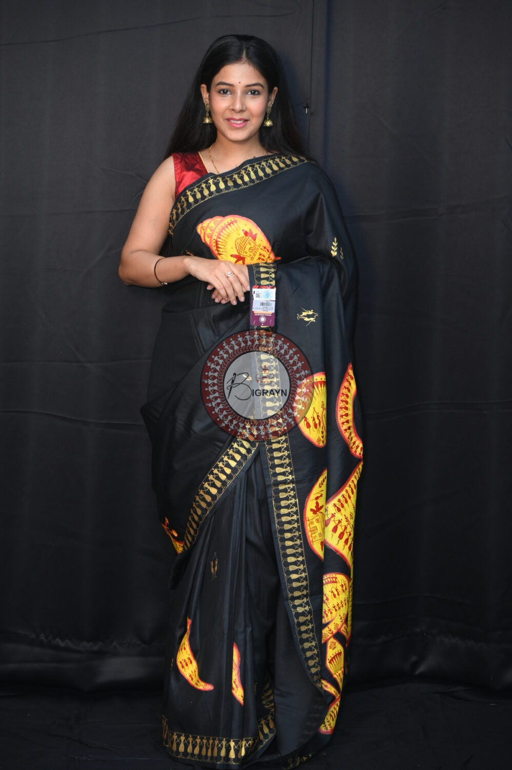 Black Musical Instruments Pattachitra Silk Saree