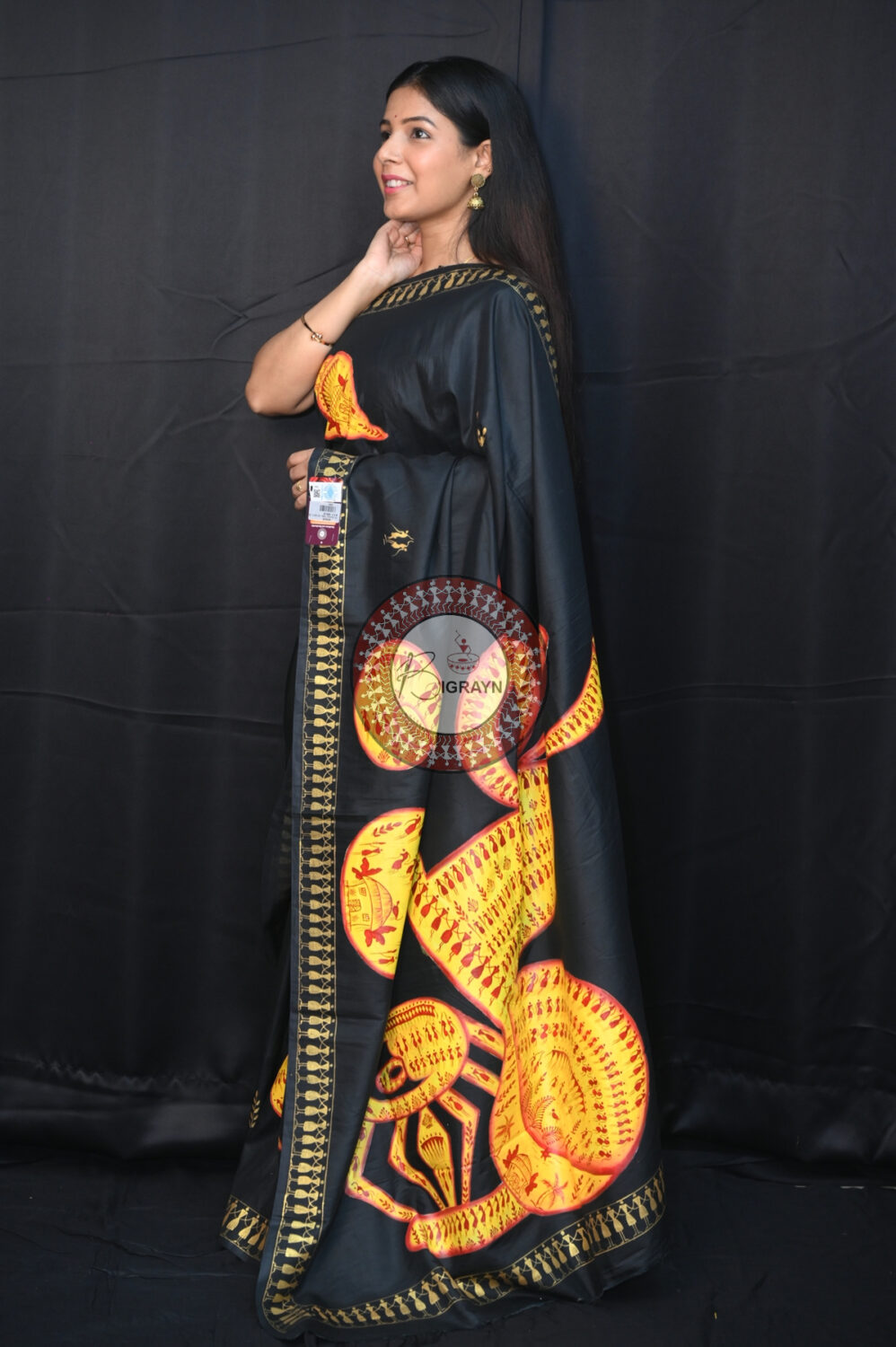 Black Musical Instruments Pattachitra Silk Saree