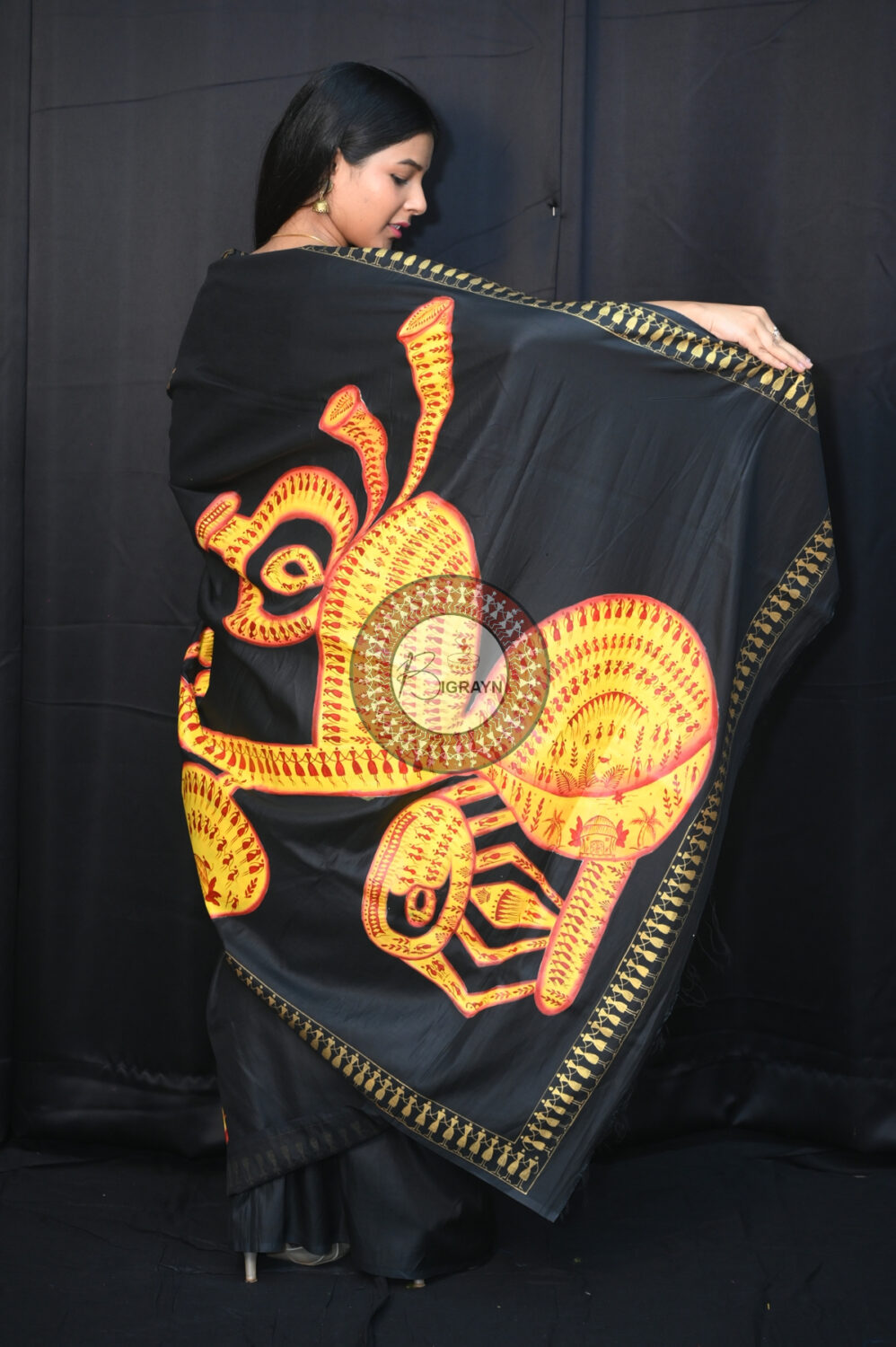 Black Musical Instruments Pattachitra Silk Saree