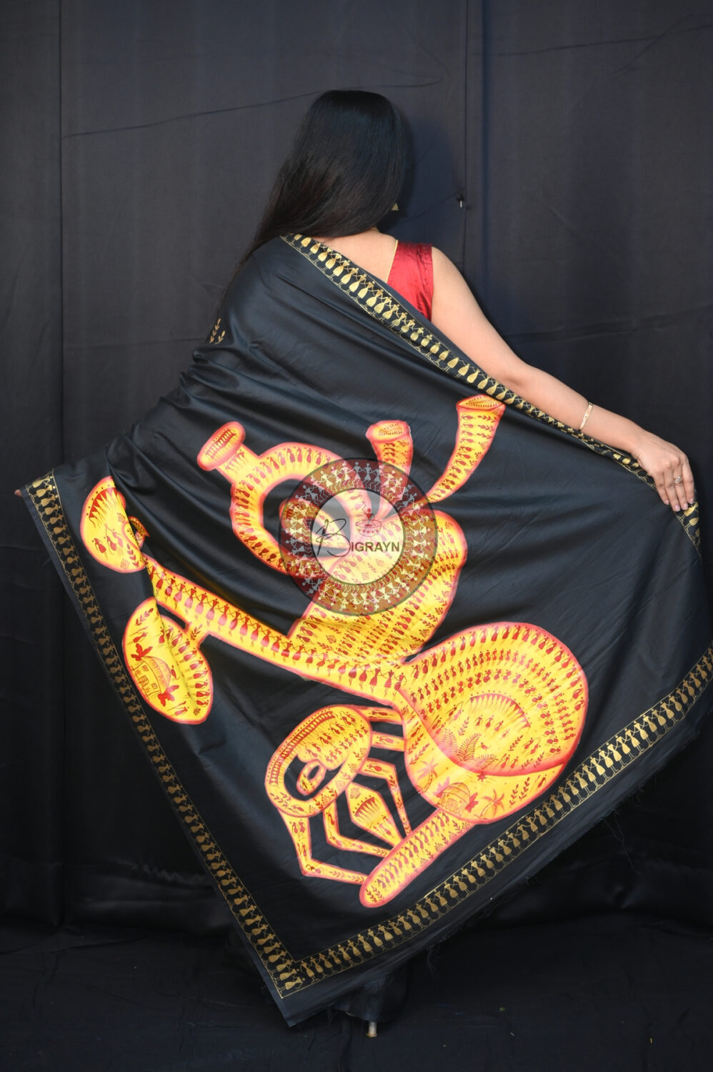 Black Musical Instruments Pattachitra Silk Saree