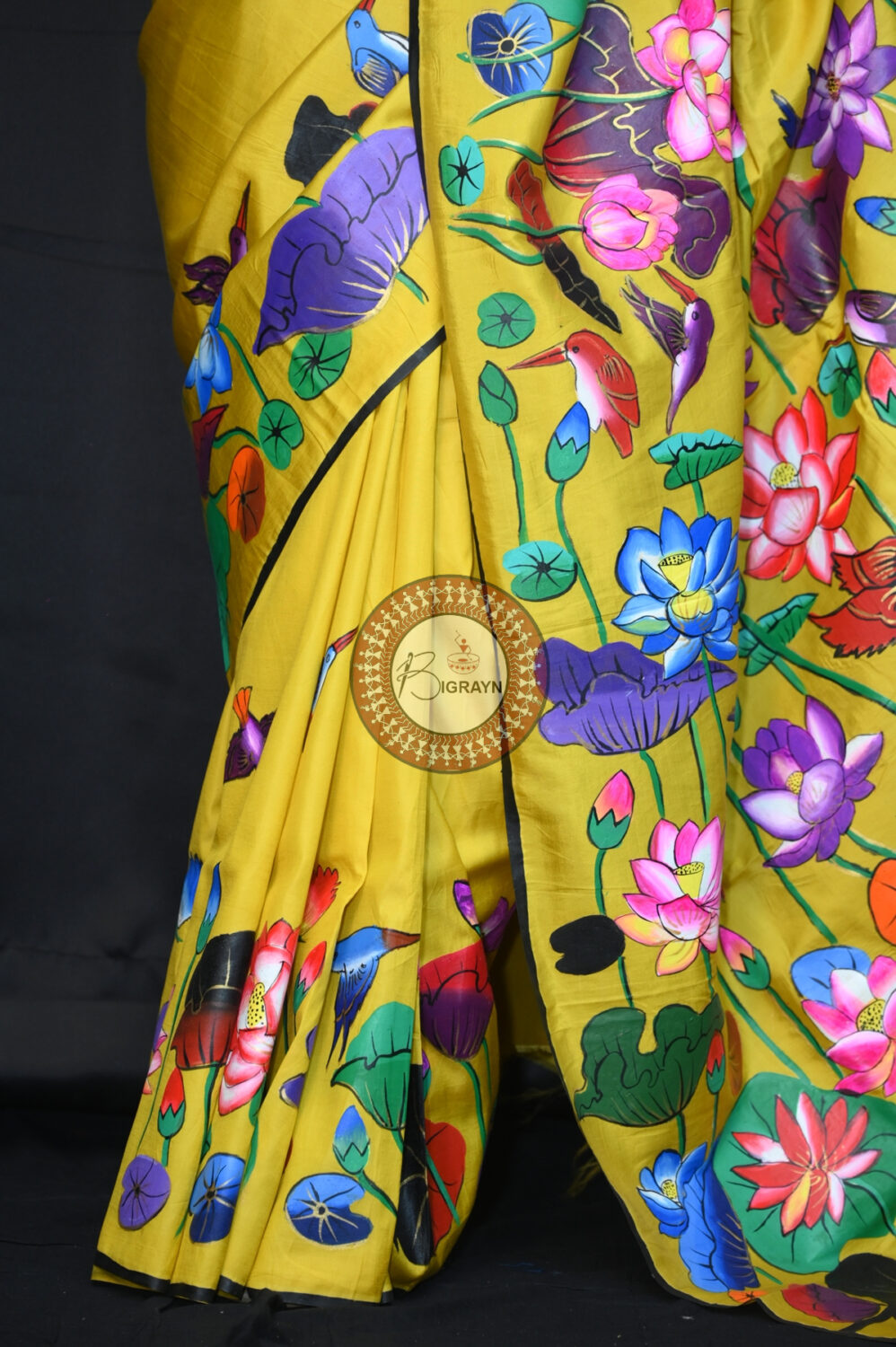 Yellow Water Lily & Birds Pattachitra Silk Saree
