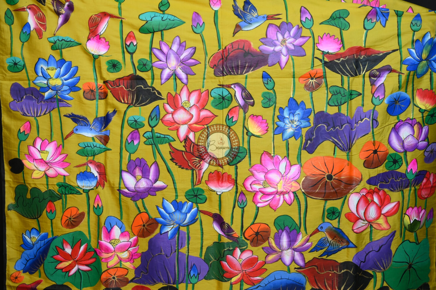 Yellow Water Lily & Birds Pattachitra Silk Saree