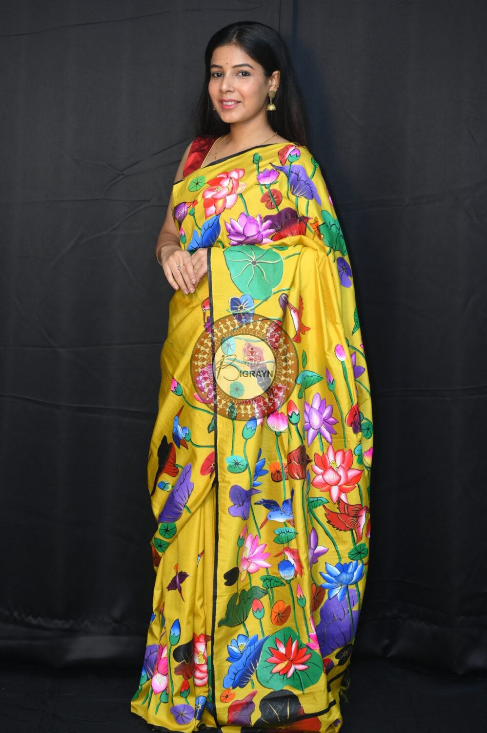 Yellow Water Lily & Birds Pattachitra Silk Saree