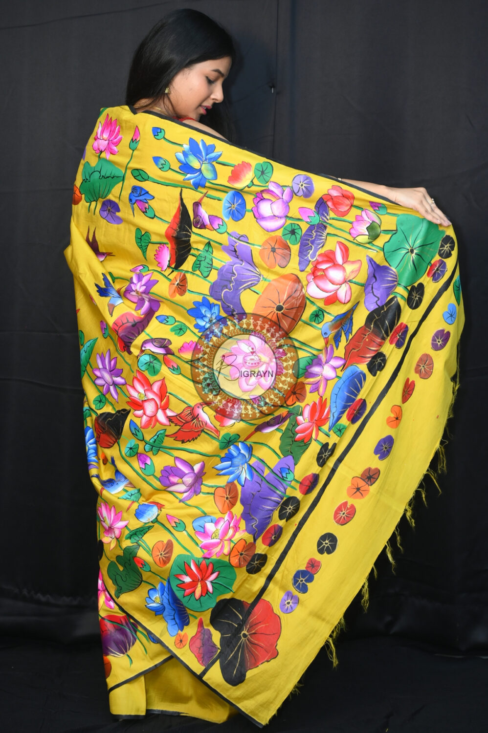Yellow Water Lily & Birds Pattachitra Silk Saree