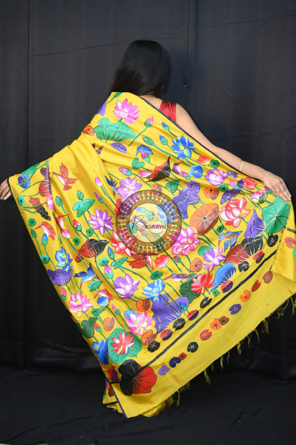 Yellow Water Lily & Birds Pattachitra Silk Saree