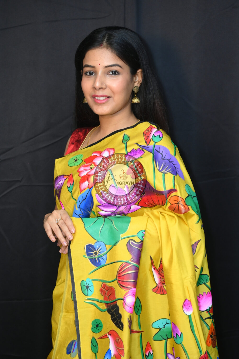 Yellow Water Lily & Birds Pattachitra Silk Saree