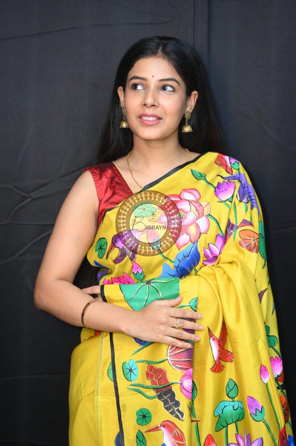 Yellow Water Lily & Birds Pattachitra Silk Saree