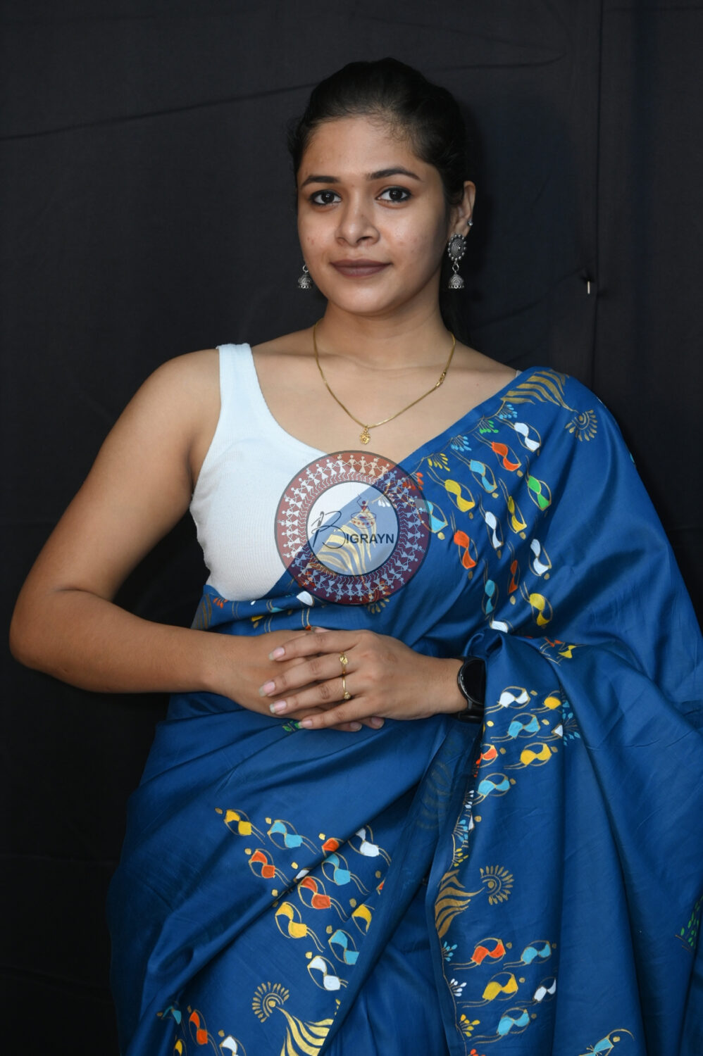Teal Blue Konark Chakra Tribal Art Pattachitra Silk Saree