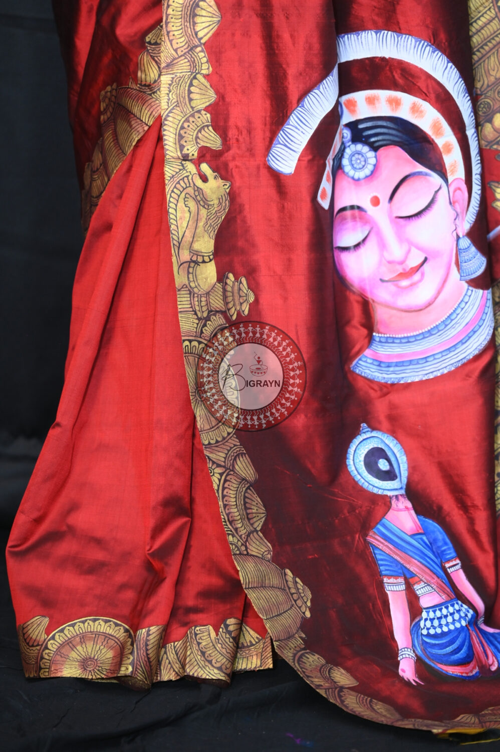 Maroon Konark Temple Odissi Mudra Face Sambalpuri Silk Pattachitra Silk Saree