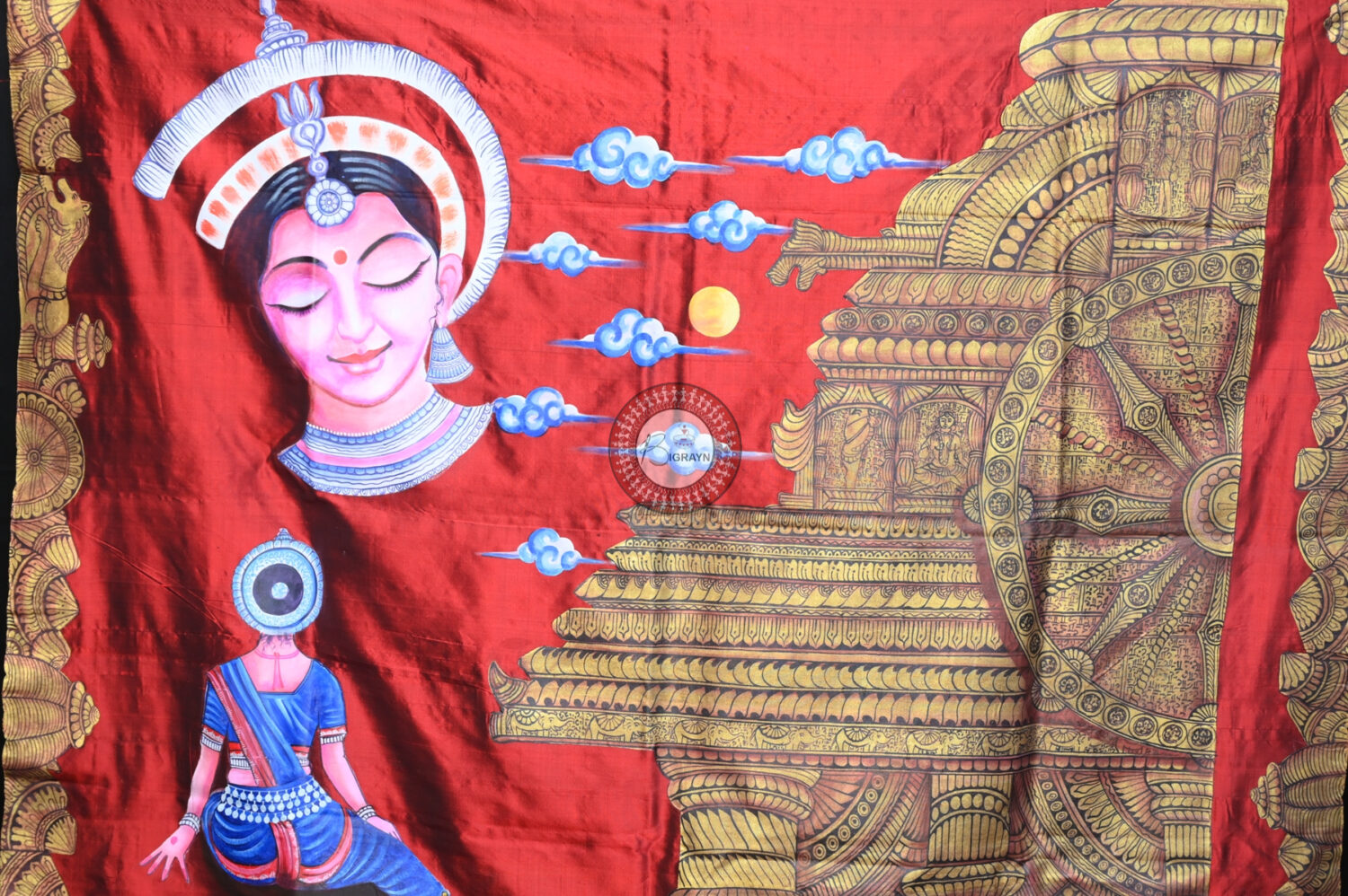 Maroon Konark Temple Odissi Mudra Face Sambalpuri Silk Pattachitra Silk Saree