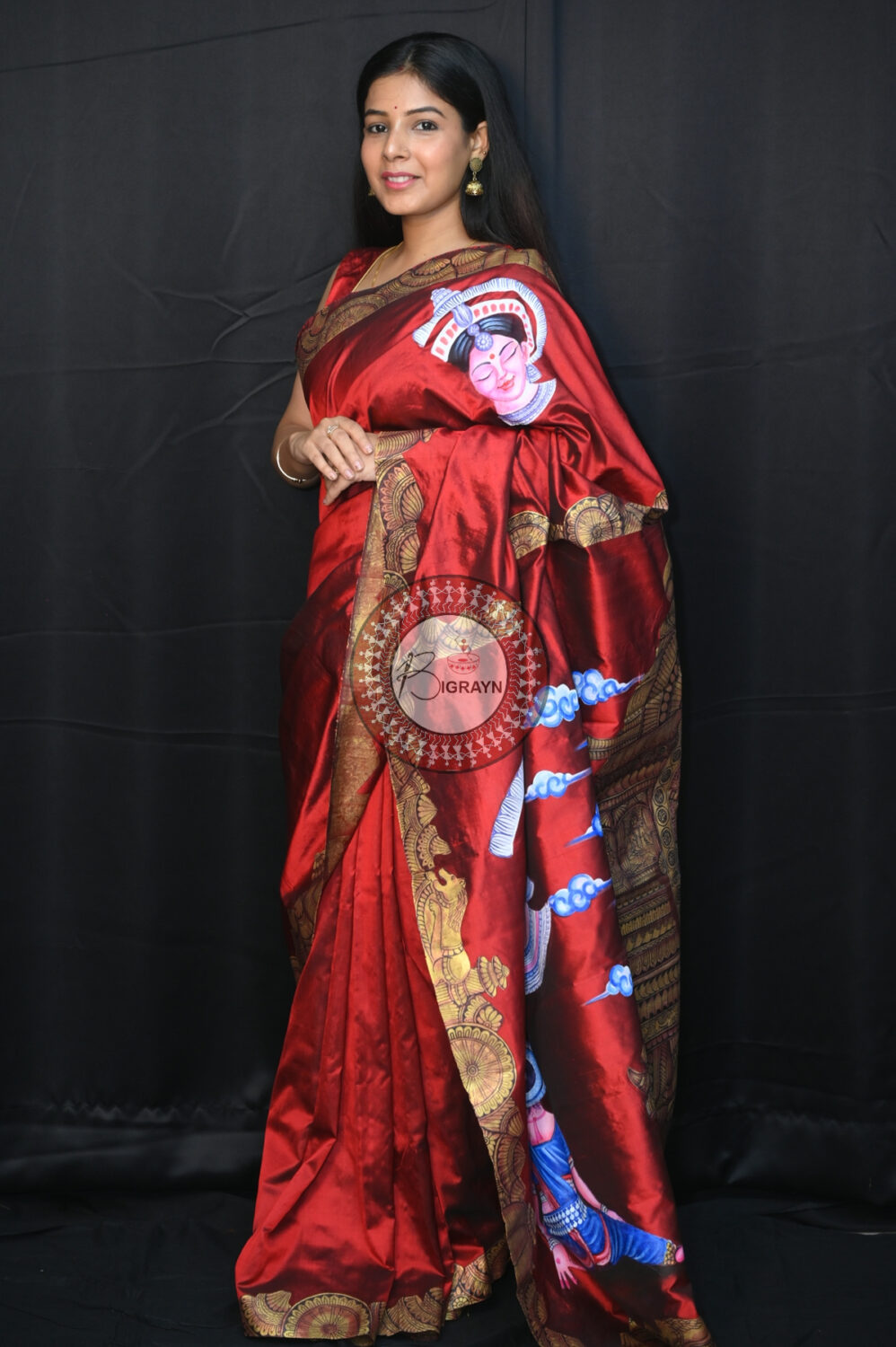 Maroon Konark Temple Odissi Mudra Face Sambalpuri Silk Pattachitra Silk Saree