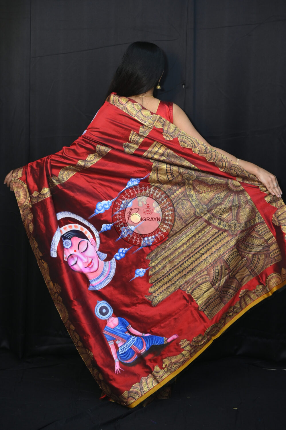 Maroon Konark Temple Odissi Mudra Face Sambalpuri Silk Pattachitra Silk Saree