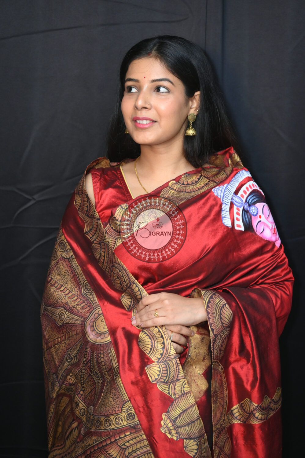Maroon Konark Temple Odissi Mudra Face Sambalpuri Silk Pattachitra Silk Saree