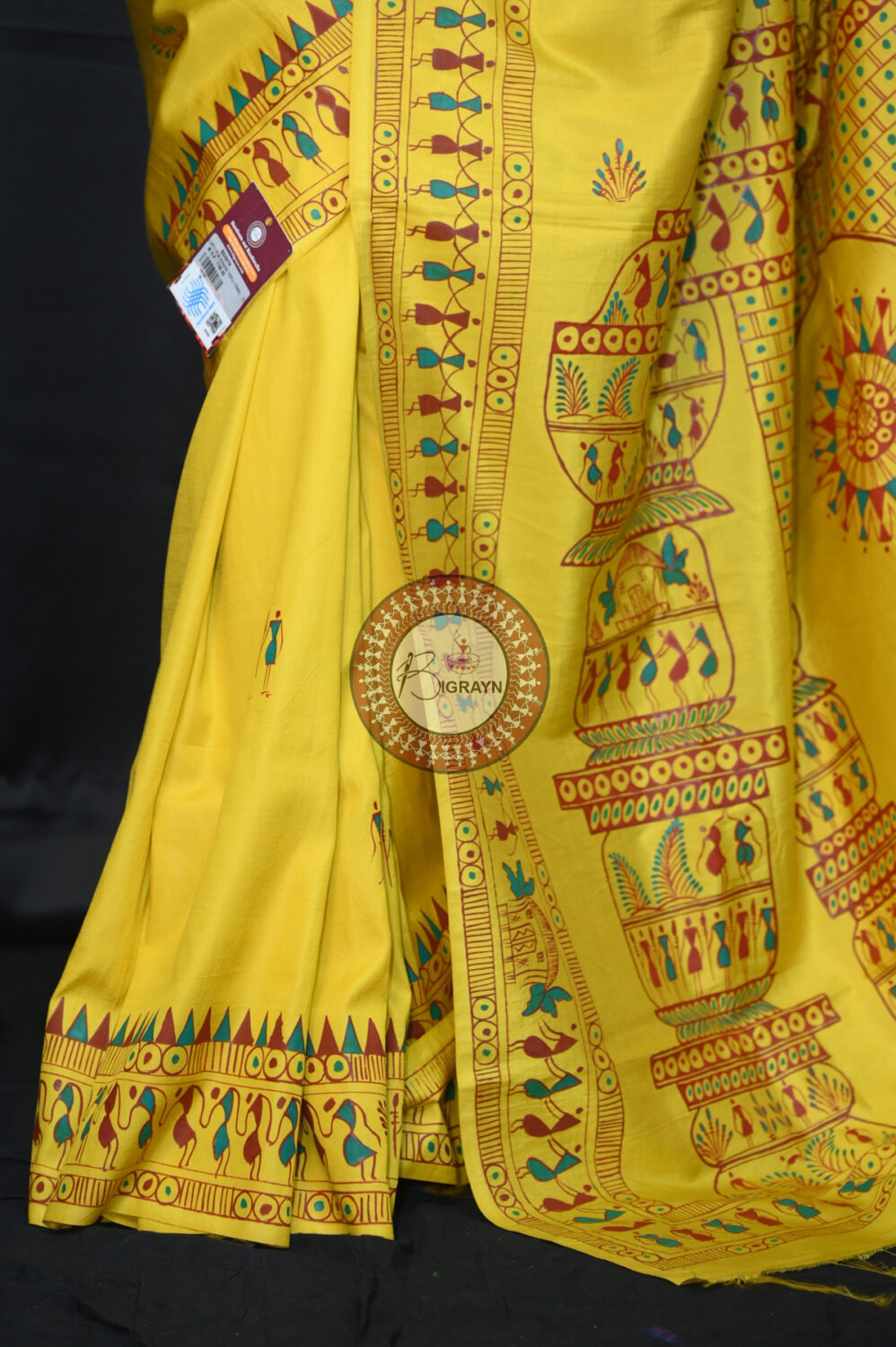 Yellow Konark Temple Tribal Art Pattachitra Silk Saree