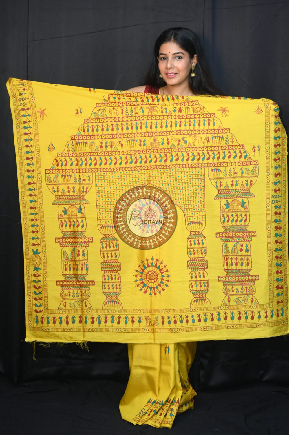 Yellow Konark Temple Tribal Art Pattachitra Silk Saree