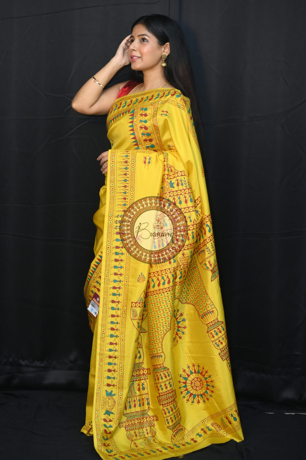 Yellow Konark Temple Tribal Art Pattachitra Silk Saree
