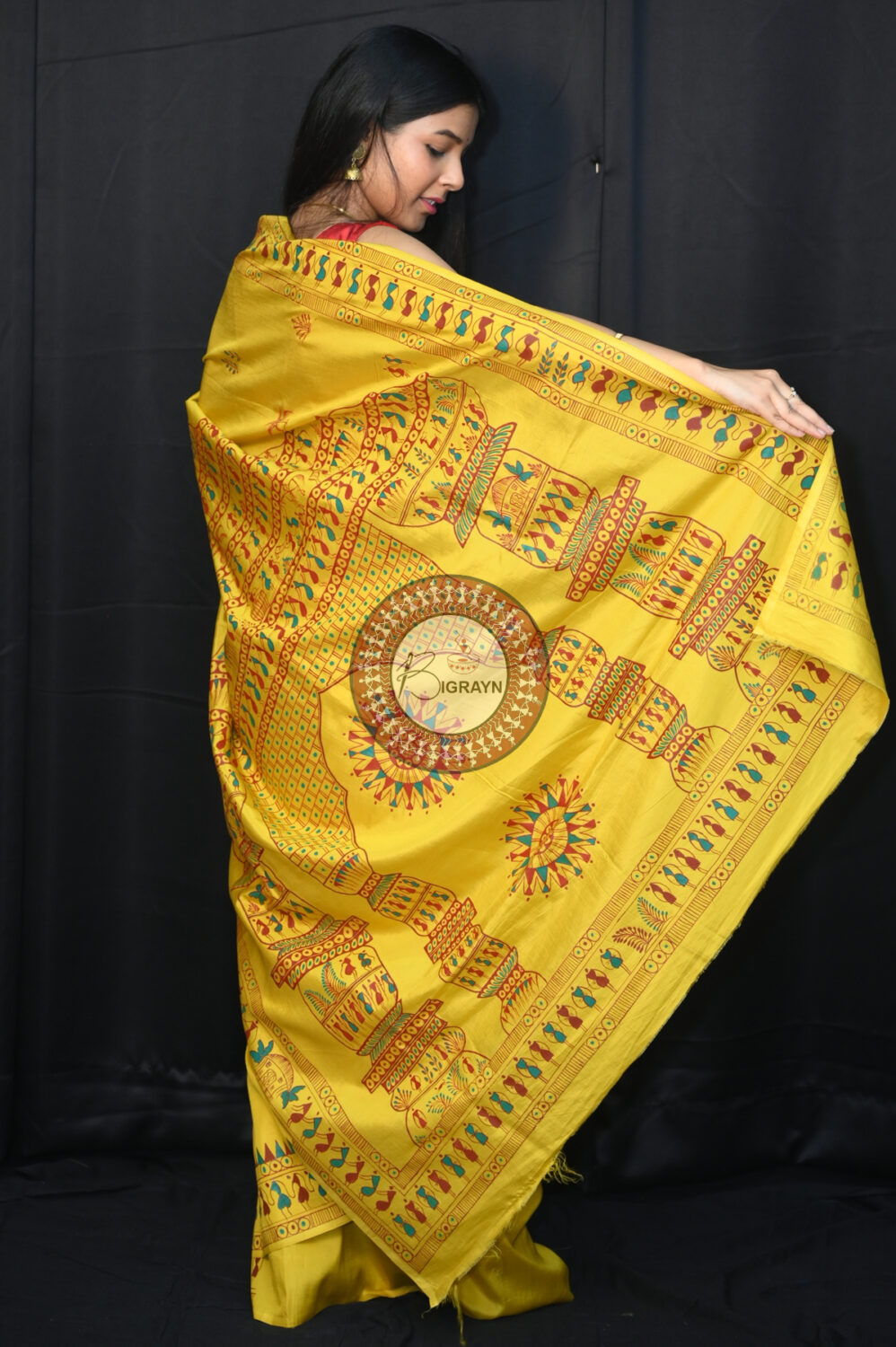 Yellow Konark Temple Tribal Art Pattachitra Silk Saree
