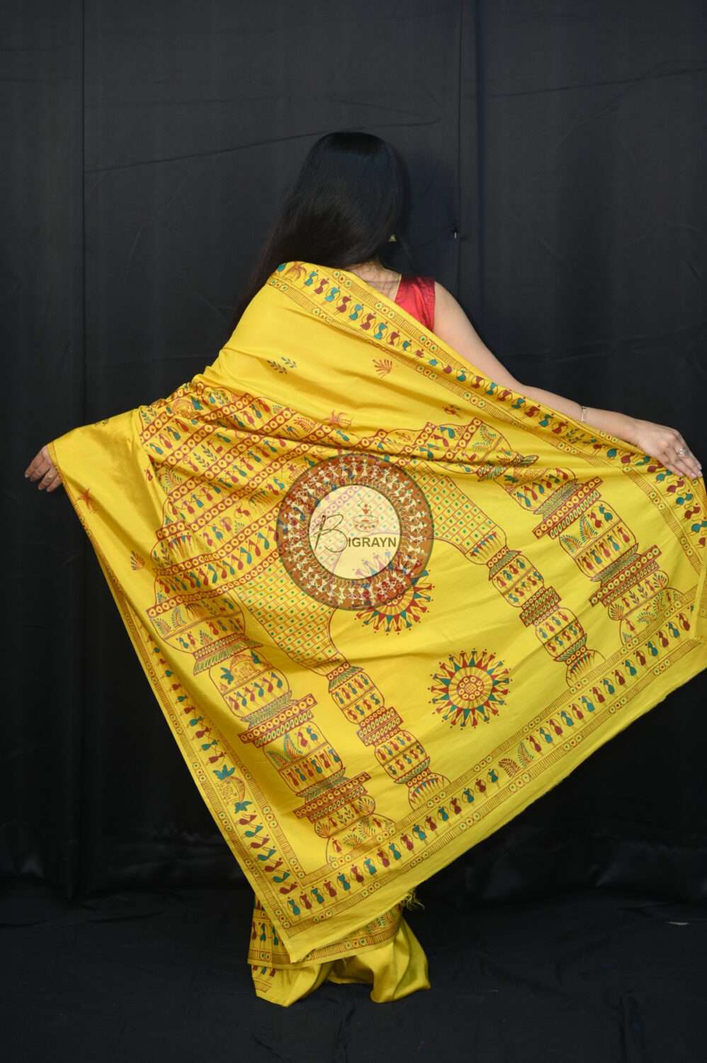 Yellow Konark Temple Tribal Art Pattachitra Silk Saree